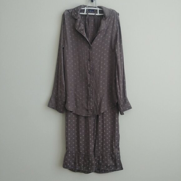 Gap full pajama set pants and button down shirt dark taupe polka dot silky XS - Picture 1 of 16